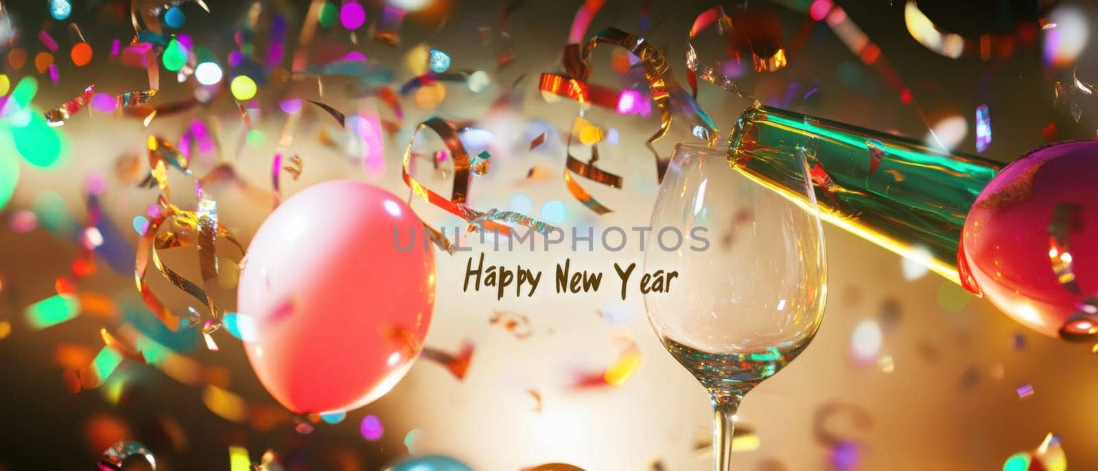A festive atmosphere filled with colorful balloons and confetti as celebrants toast to the New Year with cheerful spirits and excitement.