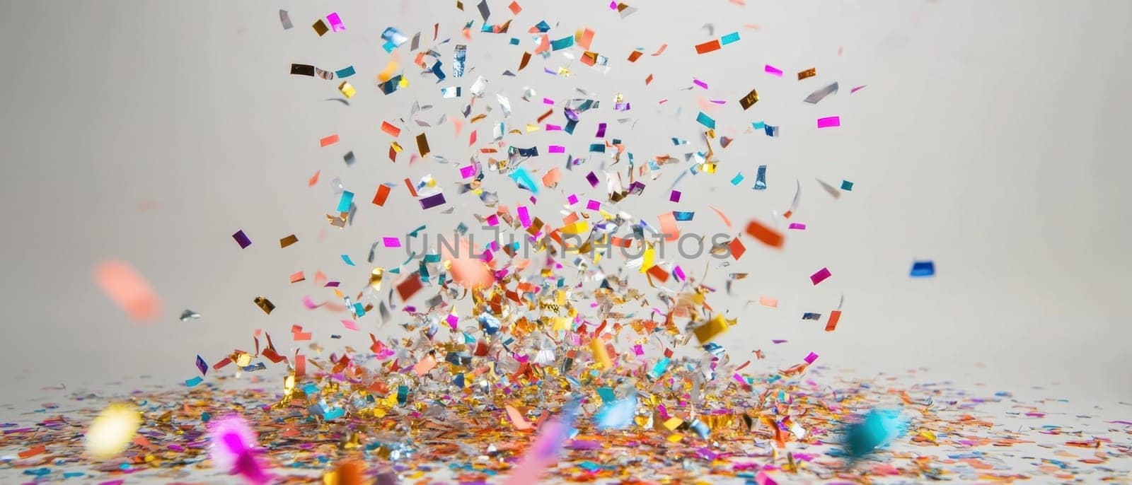 Brightly colored confetti cascades downwards creating a festive atmosphere against a simple backdrop ideal for celebrations.