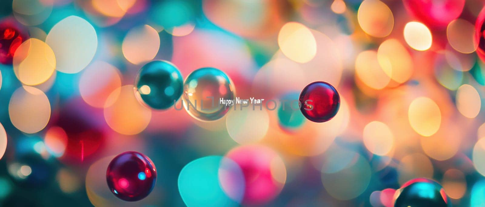Brightly colored ornaments float amid sparkling lights creating a joyful ambiance for New Year celebrations.