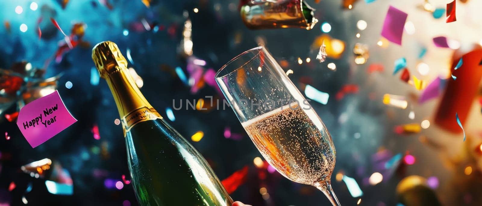 A sparkling glass of champagne is raised as colorful confetti falls in celebration of the New Year during a joyful countdown.