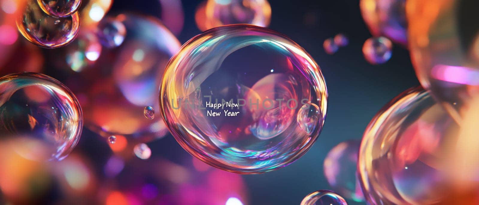 Colorful bubbles float in a vibrant atmosphere featuring a cheerful new year message. The scene radiates festive joy and excitement.