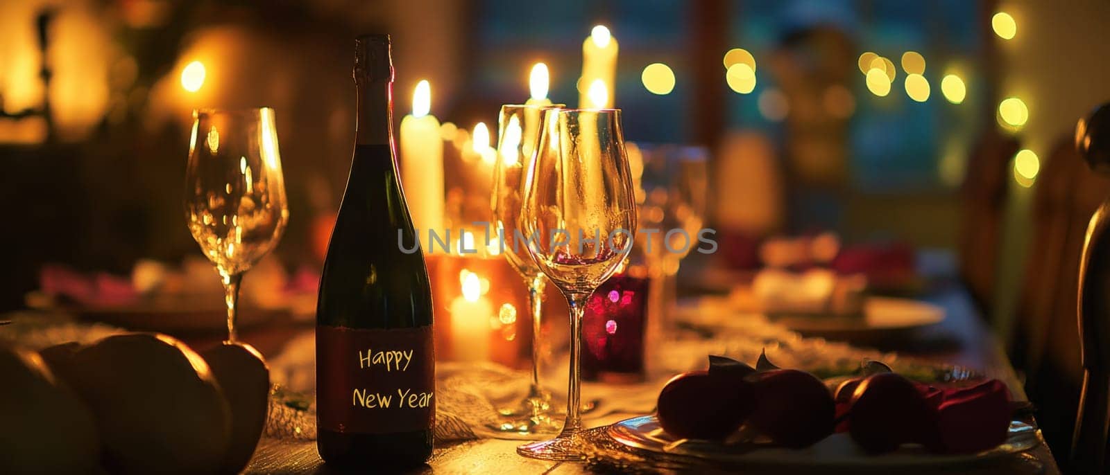 A beautifully arranged table with wine and candles creating a warm atmosphere for a New Year celebration.