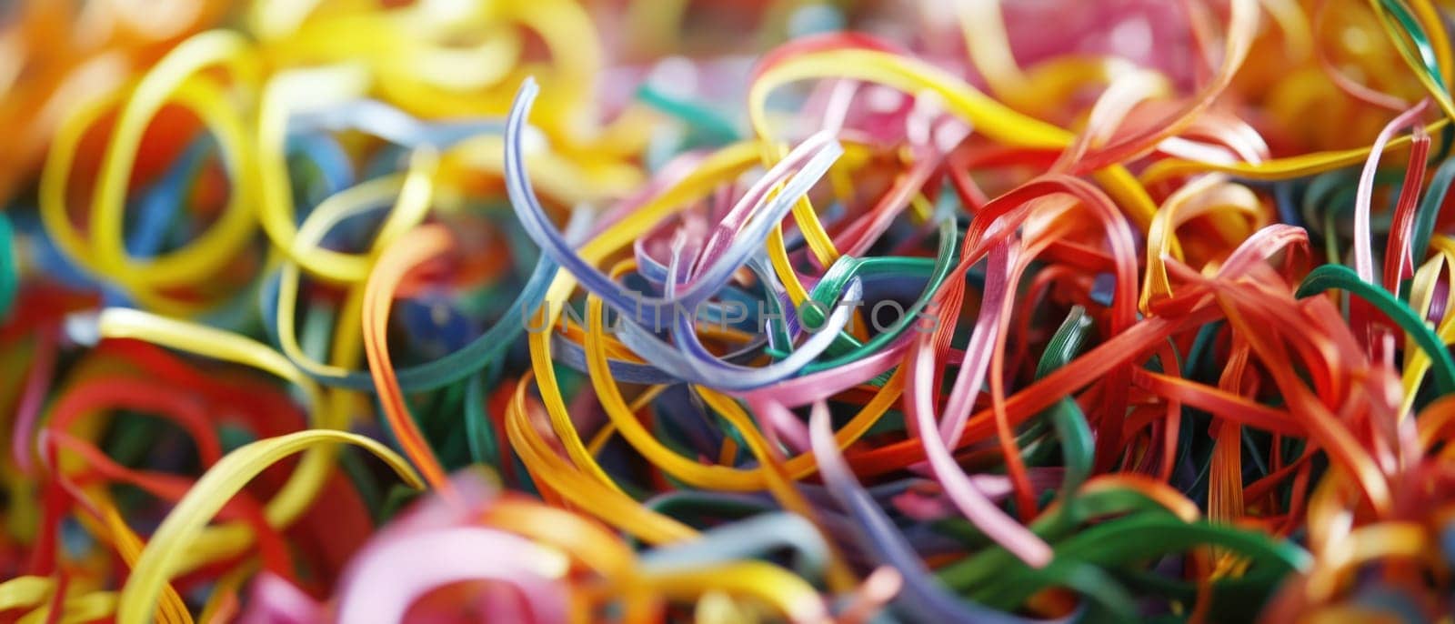 A variety of colorful rubber bands are spread across the table featuring different sizes and shapes that create a vibrant display.