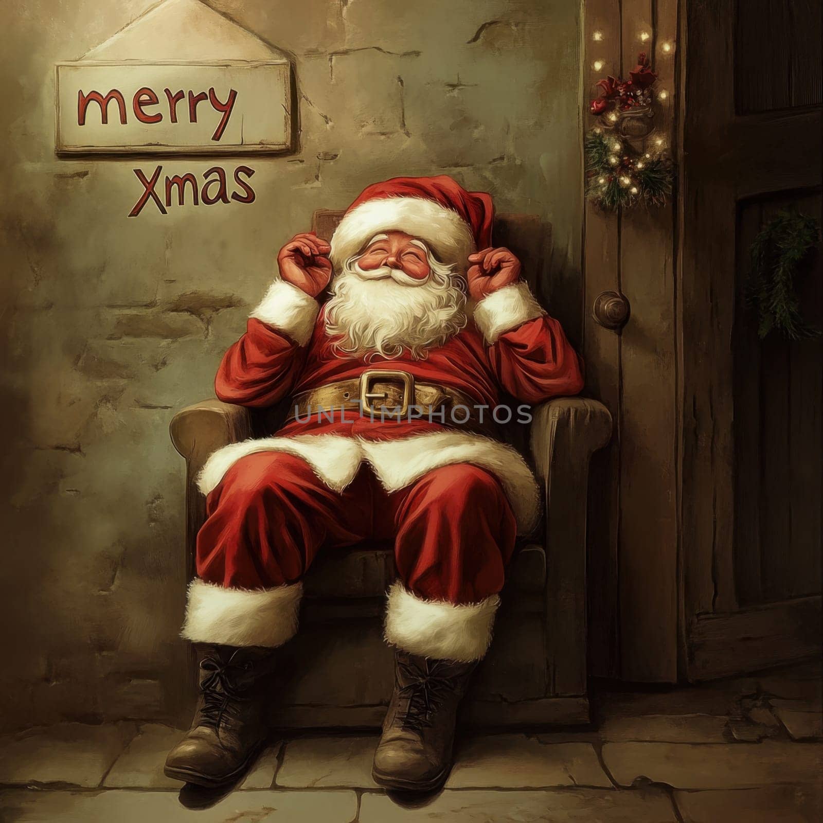 A jolly Santa Claus sits comfortably in a chair enjoying the festive atmosphere of a warmly decorated room.