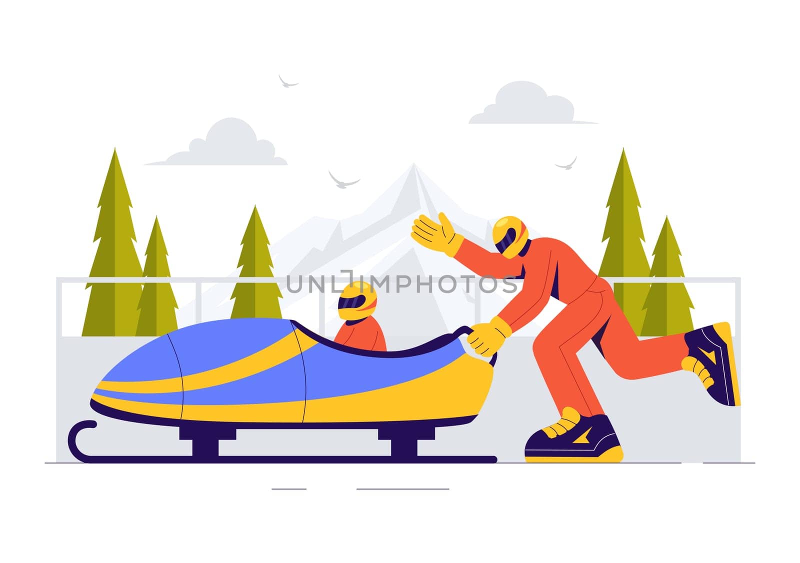 Vector Illustration of an Athlete Riding a Bobsleigh on a Snow Covered, Icy Track for a Competitive Winter Sport Activity in a Flat Style Background