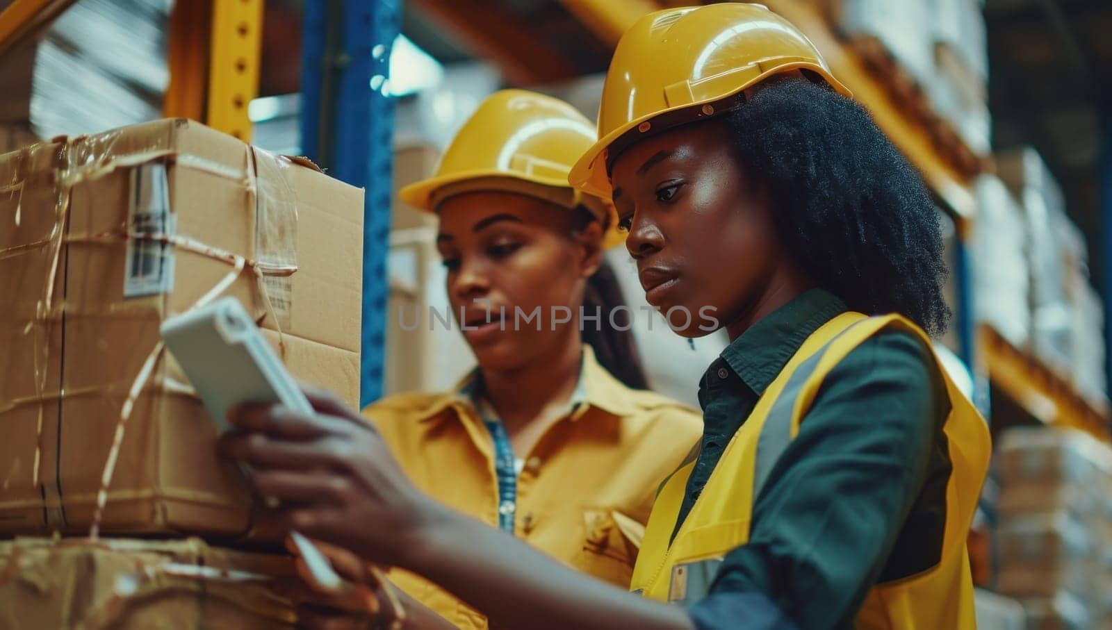Two female warehouse workers scanning a package. Concept of logistics, shipping, and inventory management.