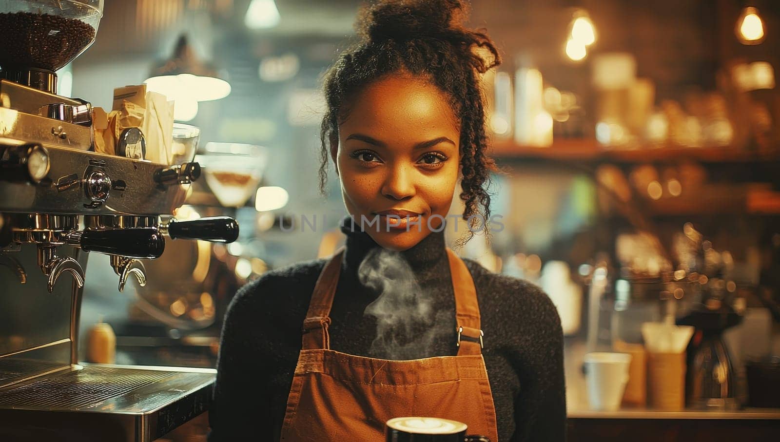Smiling barista woman in a coffee shop. Concept of service, hospitality, and small business.