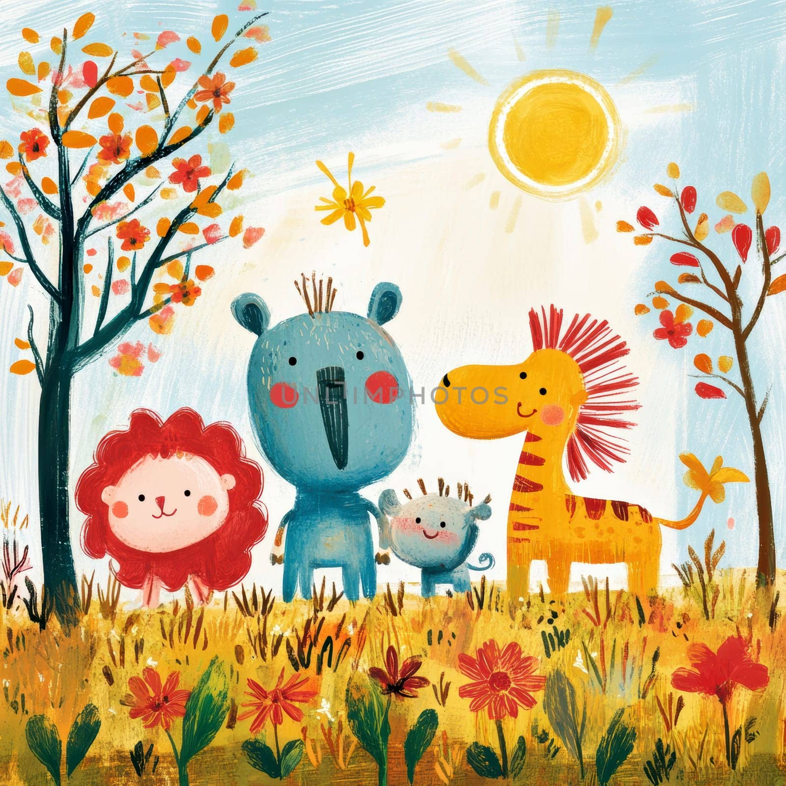 Illustration for children, savannah animals. AI generative.