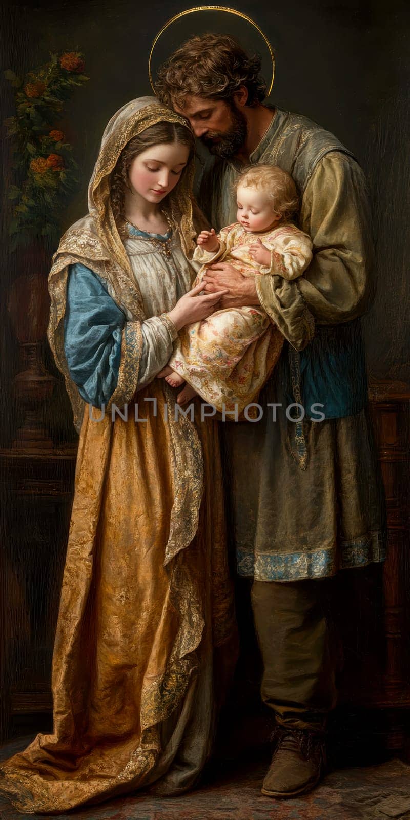The painting depicts Mary, Joseph and the baby Jesus in a peaceful and holy scene, with Mary cradling Jesus in her arms and Joseph standing protectively by their side.AI generative.