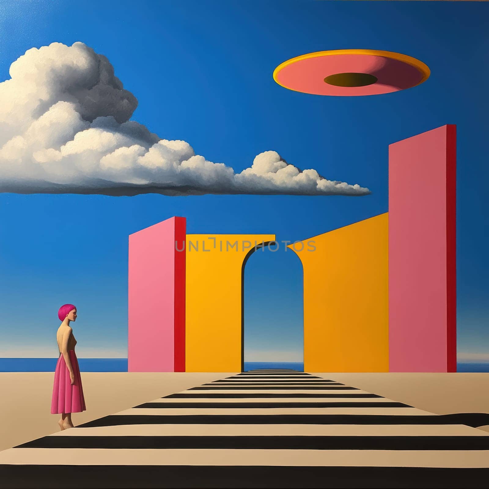 Woman with light hair dressed in 70s style , UFO visible in the background. AI generative.