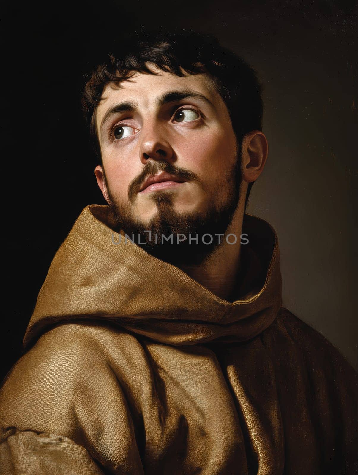 st Francis of Assisi, young man, monk, beard, brown clothing, AI generative.