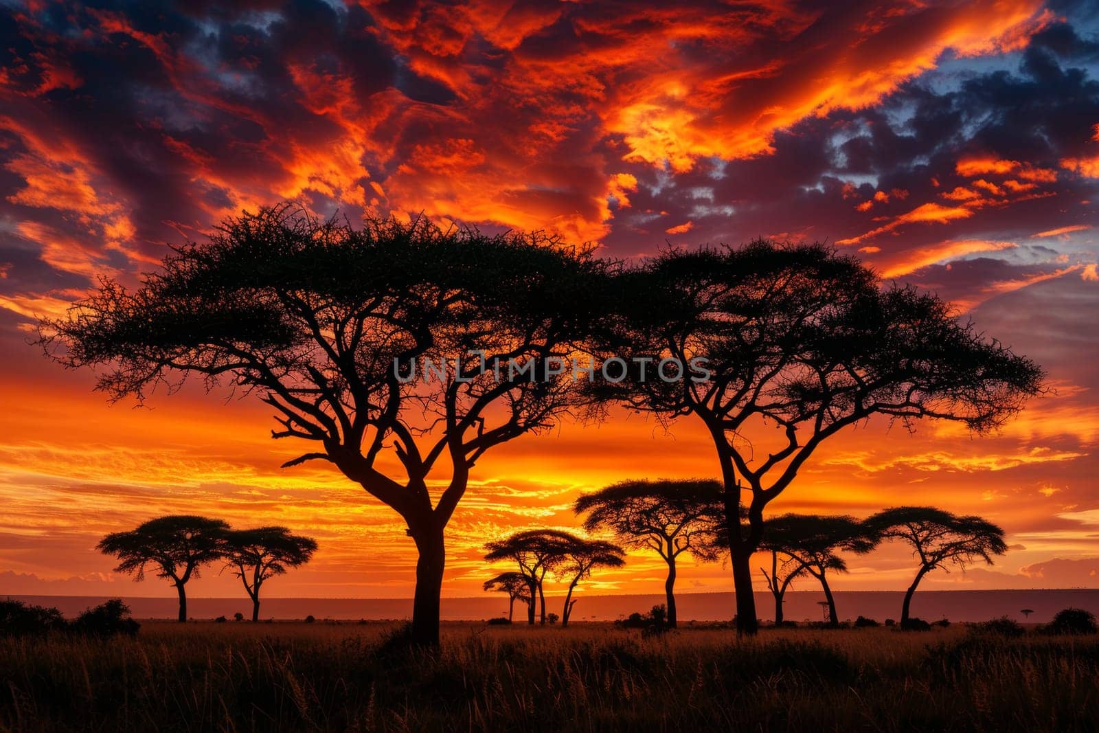 A breathtaking sunset over the savanna, with silhouetted acacia trees and a fiery orange sky