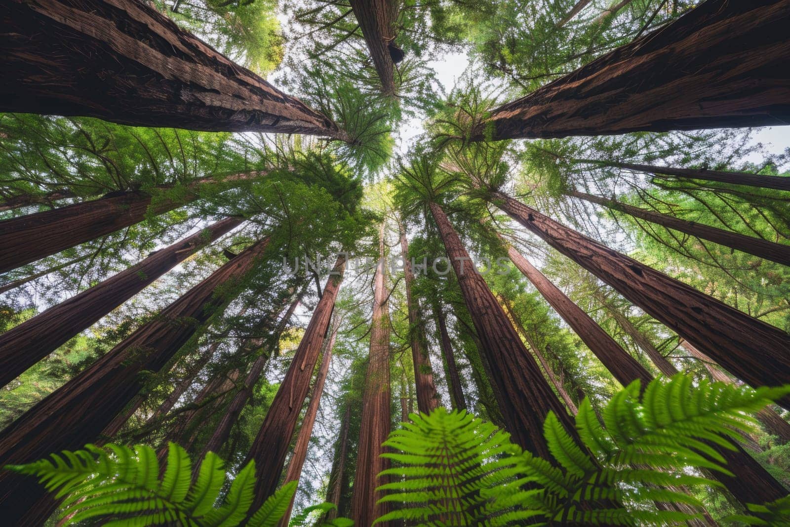 A majestic redwood forest, with towering trees reaching for the sky and a carpet of ferns covering the forest floor
