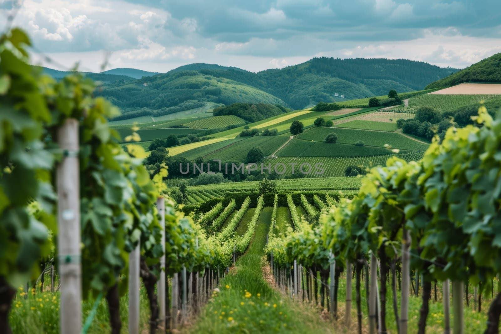 A lush vineyard landscape, with rows of grapevines stretching across rolling hillsides