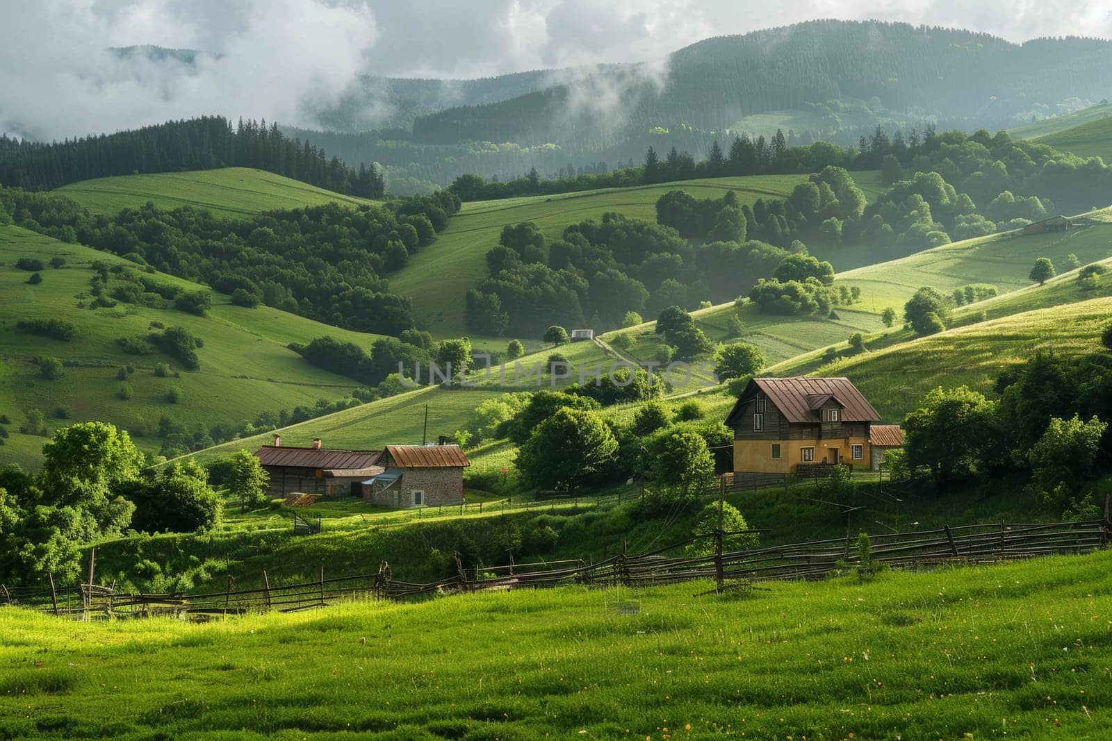 A serene countryside scene, with rolling hills and picturesque cottages