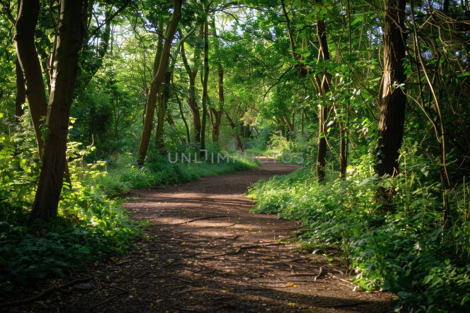 A serene woodland trail, with dappled sunlight and winding paths