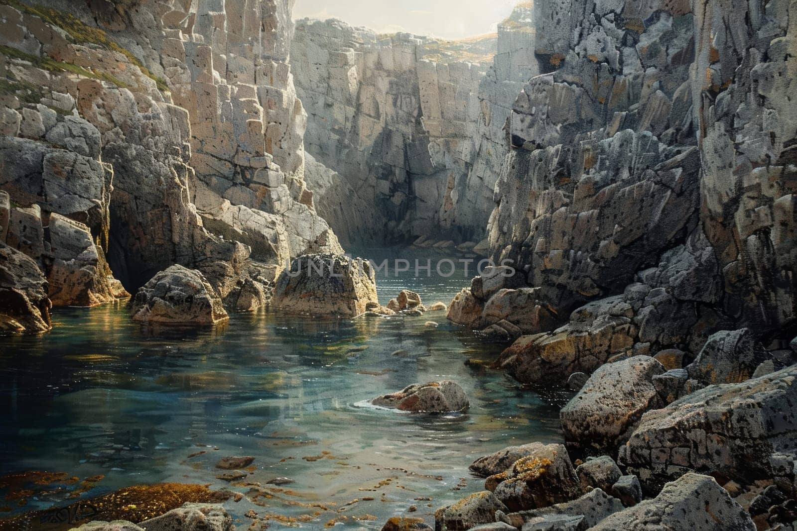 A tranquil coastal inlet, with calm waters and rocky cliffs