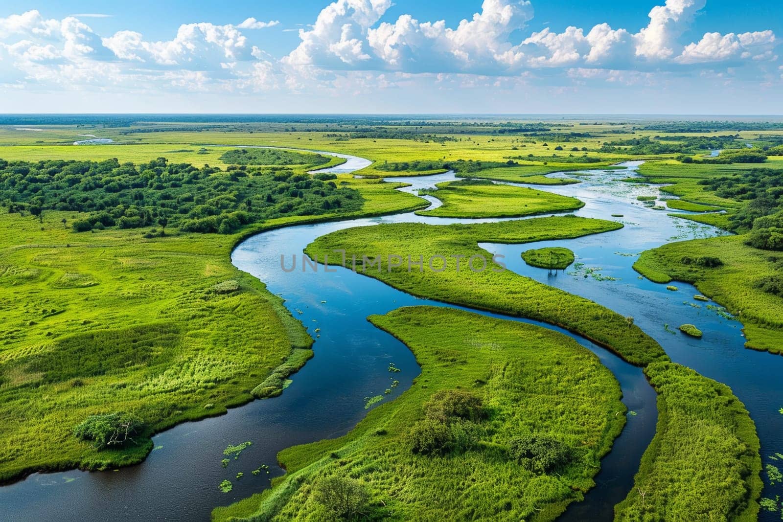 A tranquil river delta, with winding waterways and abundant wildlife