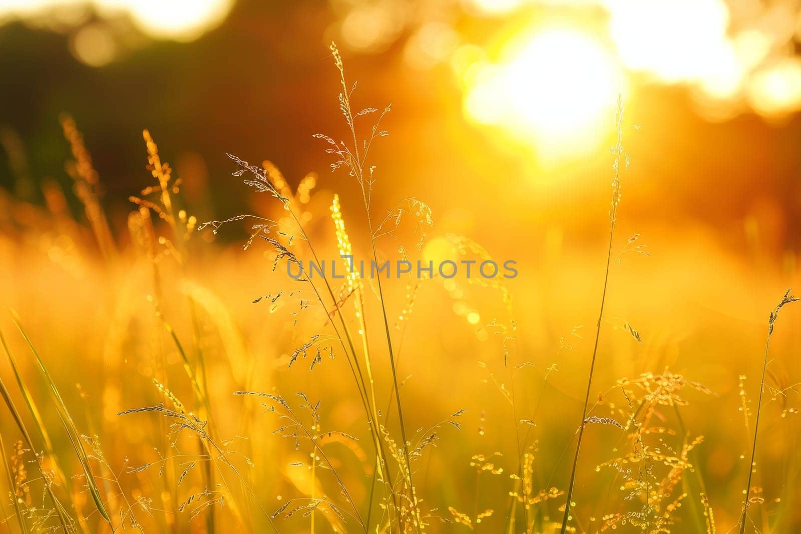 A tranquil meadow bathed in the warm glow of the setting sun, with wild grasses swaying in the breeze