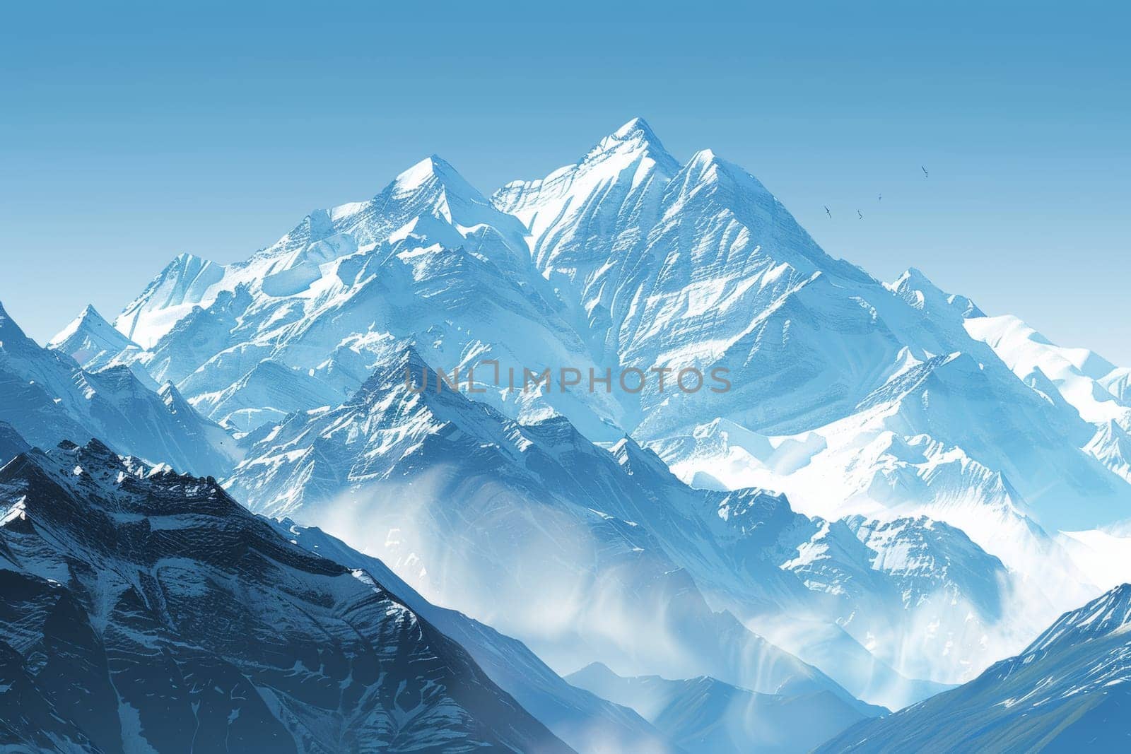 A serene mountain landscape, with snow-capped peaks towering against a clear blue sky