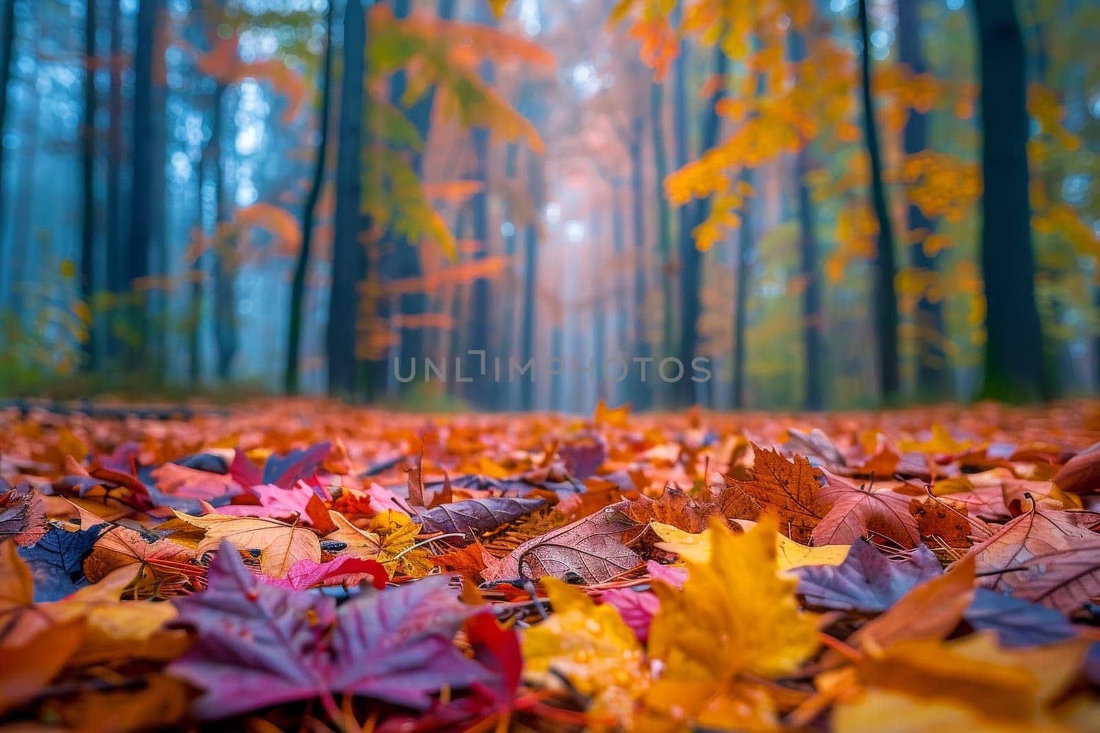 A vibrant autumn scene, with colorful leaves carpeting the forest floor and a crisp breeze in the air