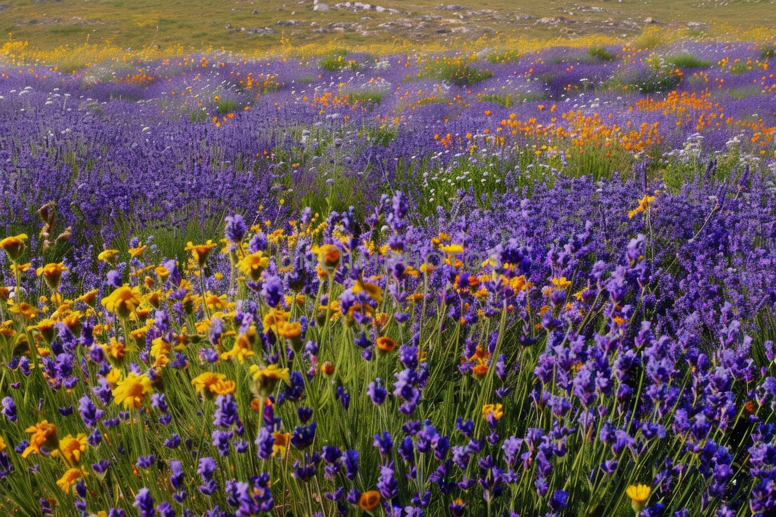 A vibrant field of lavender, with fragrant blooms and buzzing bees