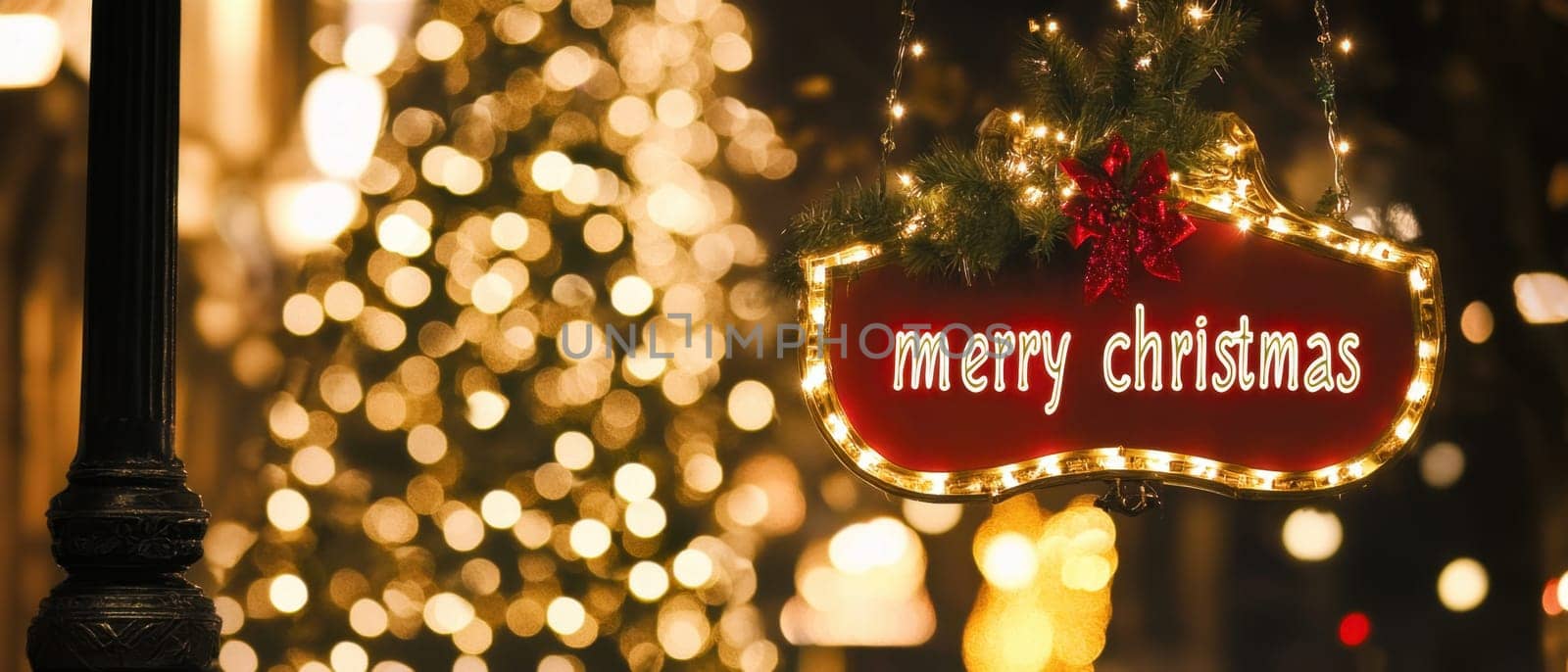 A vibrant red sign with the message Merry Christmas hangs amidst twinkling lights and a beautifully decorated tree capturing holiday spirit.