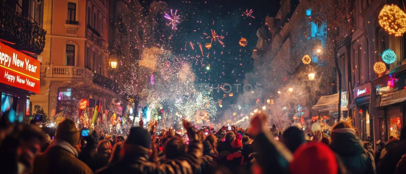 Crowds gather in the street to welcome the New Year enjoying fireworks and festive lights as confetti fills the air.