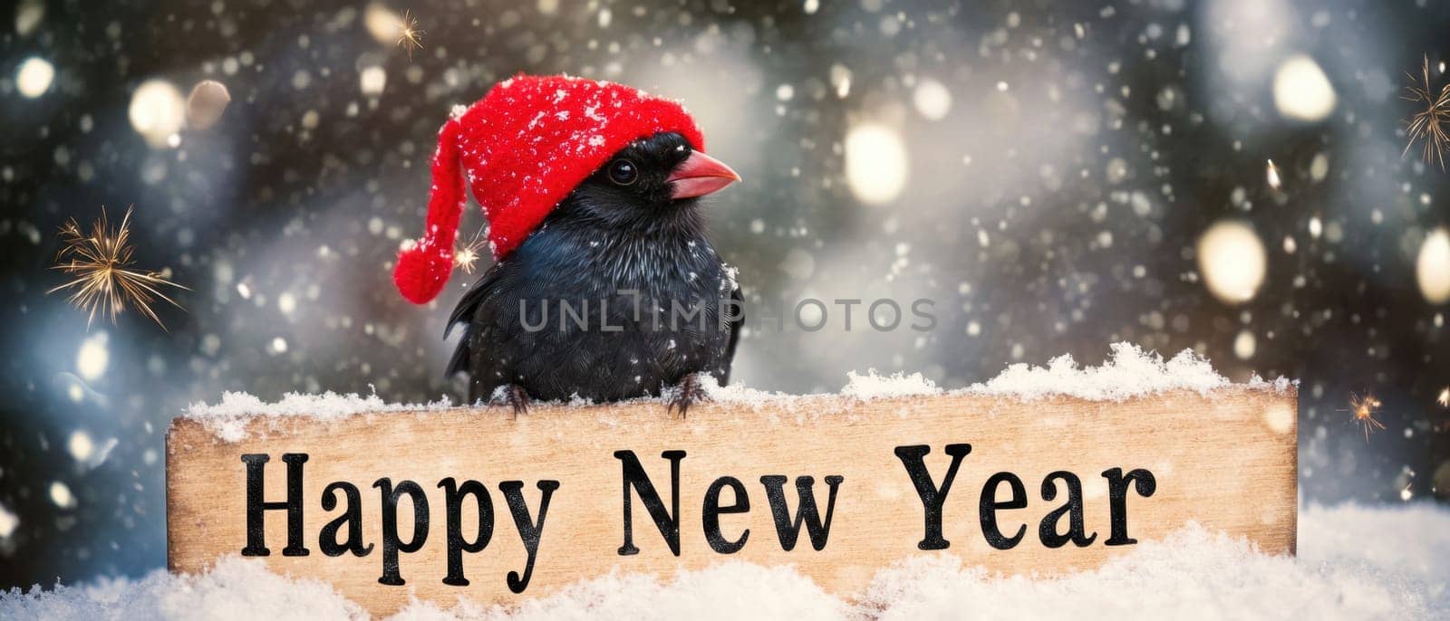 A cheerful bird wearing a red hat stands on a snowy surface with a sign that wishes everyone a Happy New Year amidst falling snowflakes.
