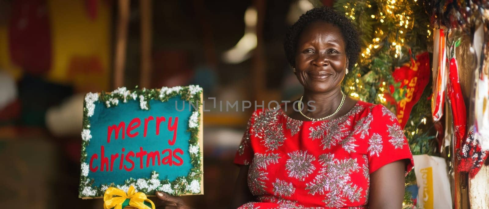 A woman wearing a bright red dress proudly holds a sign wishing everyone a Merry Christmas surrounded by festive decorations.