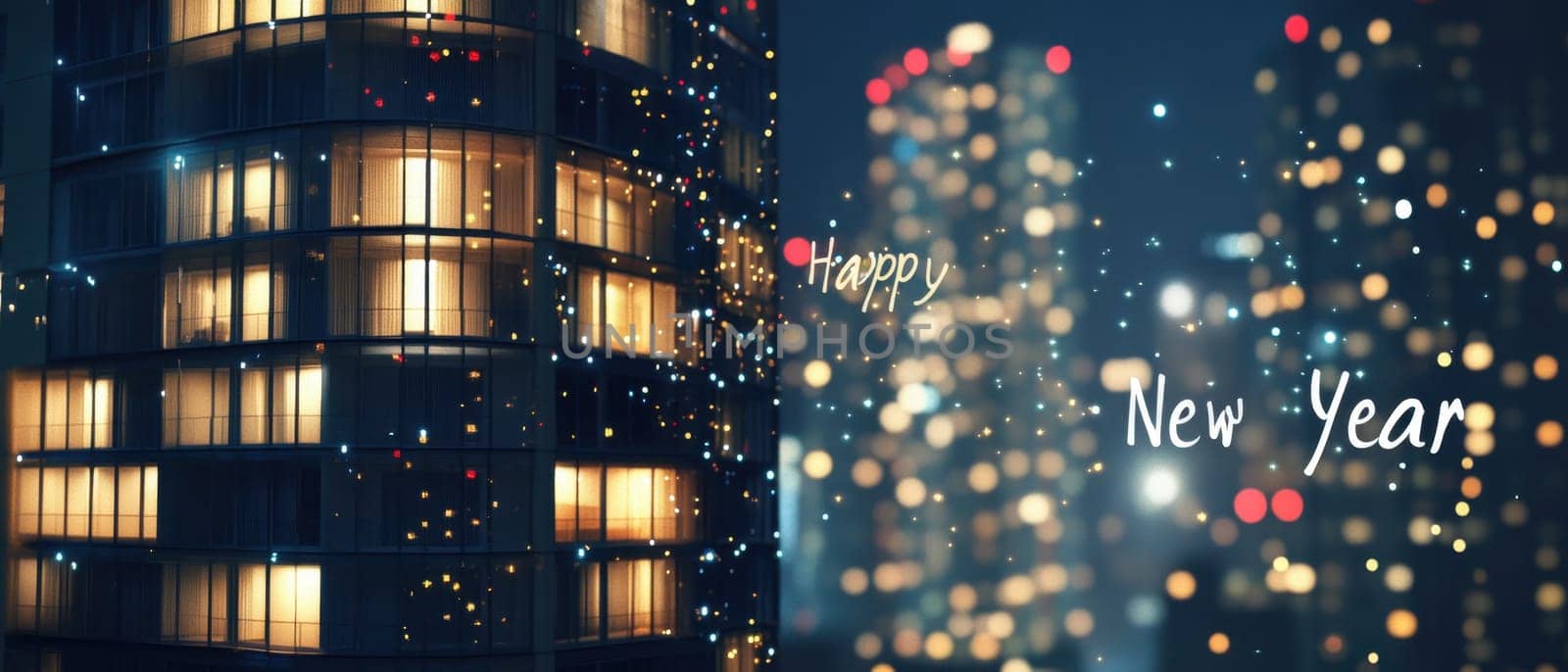 Bright city lights twinkle as celebrations mark the arrival of the New Year creating a festive atmosphere filled with joy.