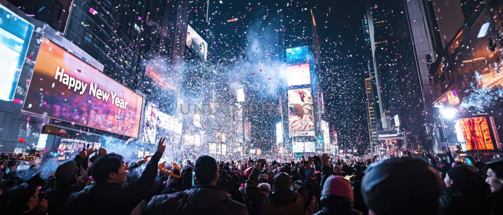 Crowds gather in Times Square to celebrate New Years Eve cheering as colorful confetti falls amidst vibrant lights and excitement.