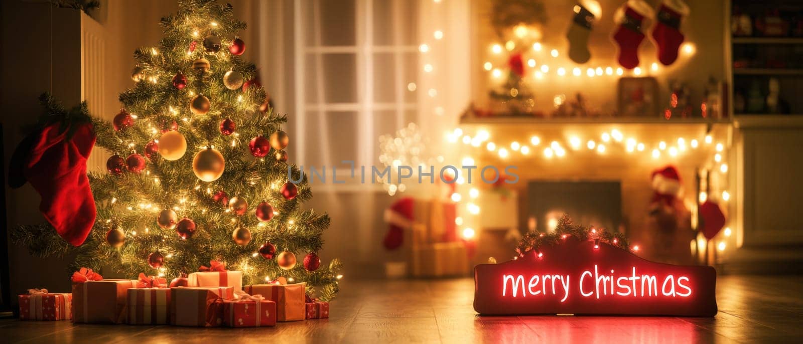 A beautifully decorated Christmas tree and glowing lights create a warm festive atmosphere in a cozy living room during the holidays.