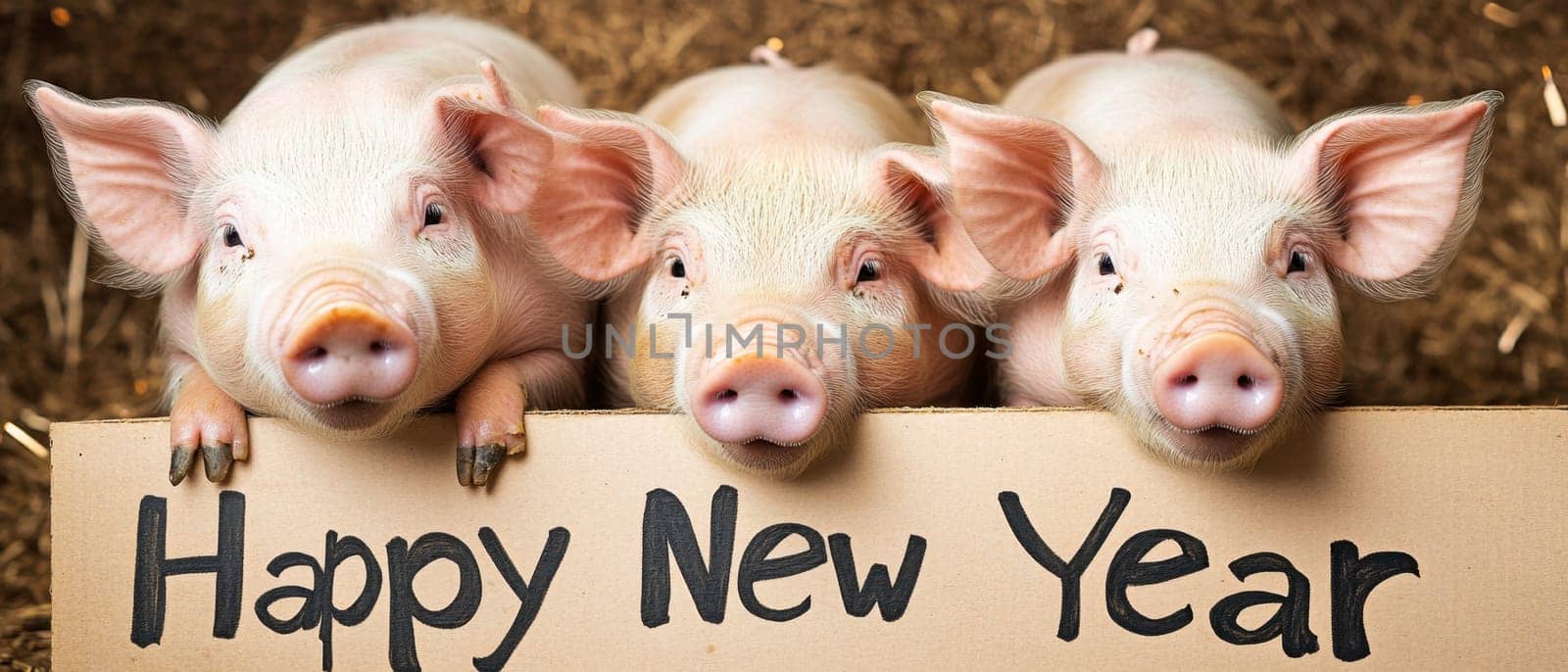 Three adorable piglets gather around a sign wishing everyone a Happy New Year while surrounded by straw and festive decorations.