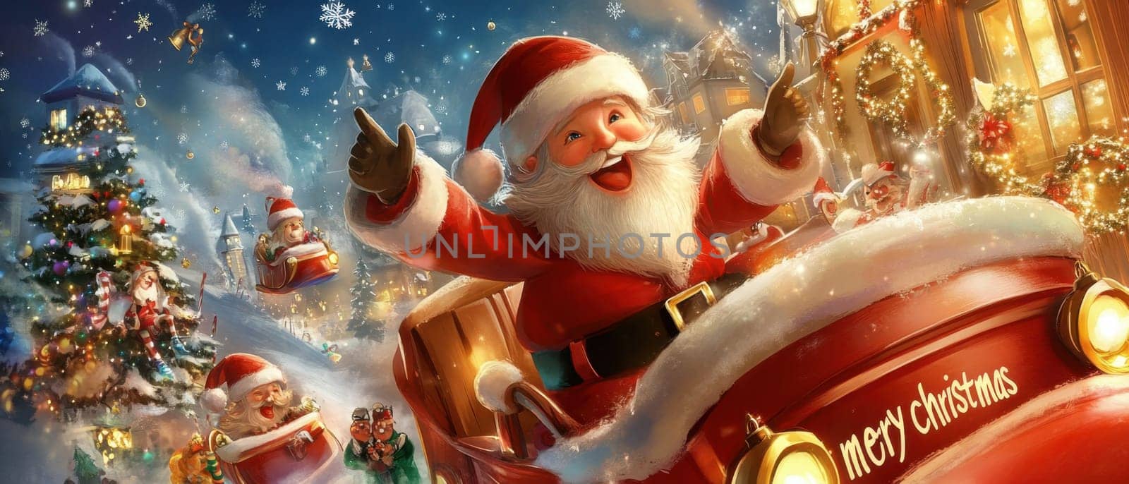 Santa Claus rides through a snowy village spreading holiday cheer with sparkling lights and decorations during the Christmas season.