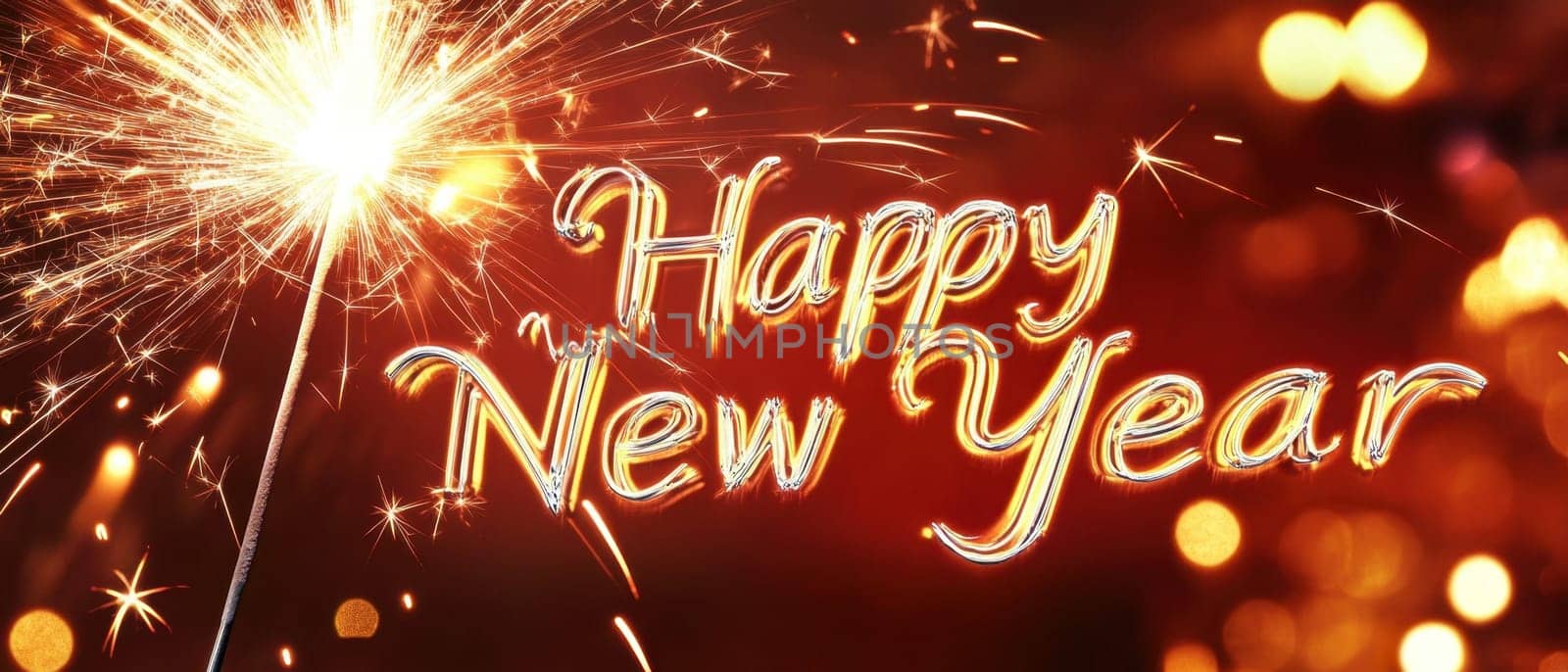 A vibrant display of fireworks illuminates the night sky celebrating the arrival of the New Year with joyful messages and sparkling lights.
