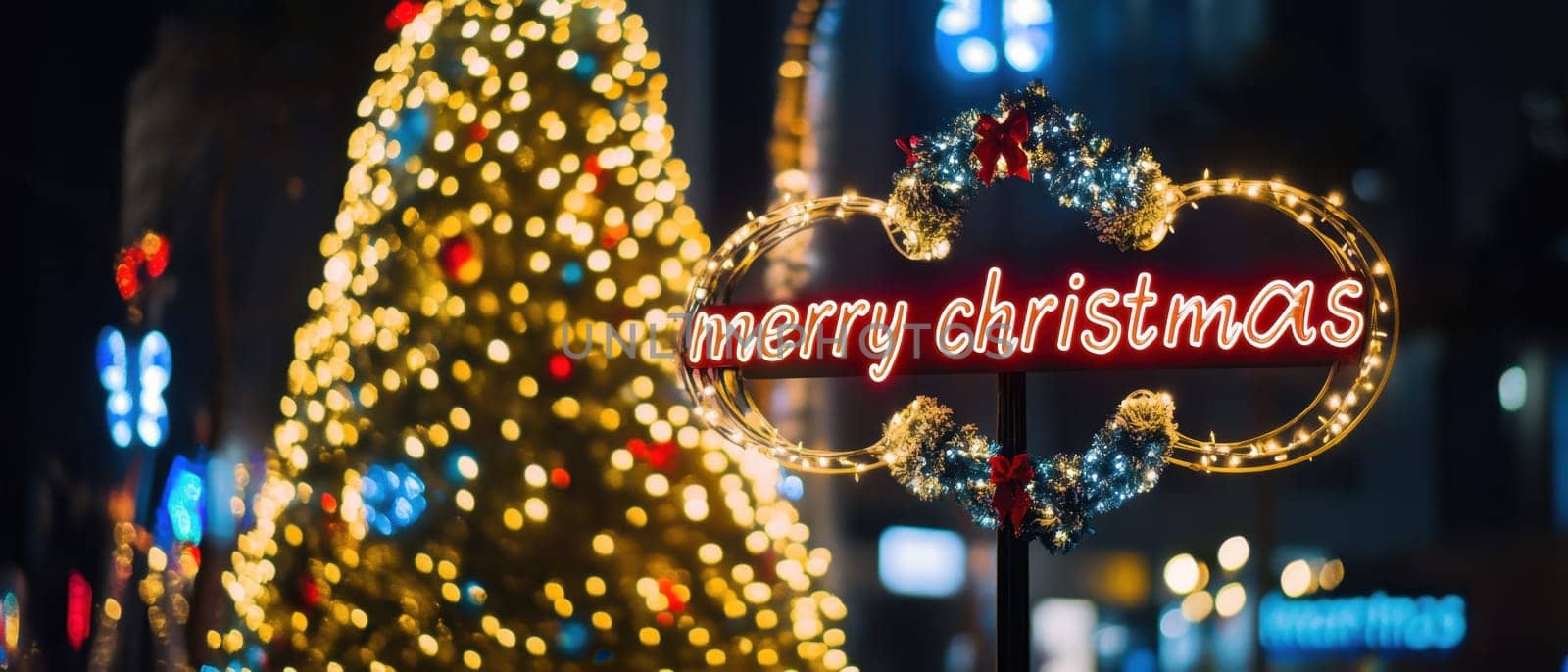 A vibrant Christmas tree adorned with colorful lights stands beside a cheerful Merry Christmas sign in a bustling urban setting at night.
