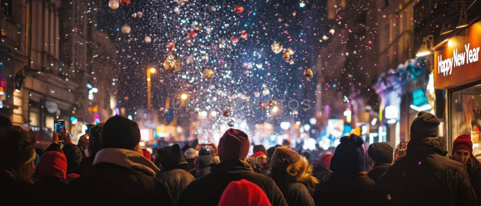 A vibrant crowd gathers in the city street celebrating the New Year as confetti falls and lights illuminate the festive atmosphere.