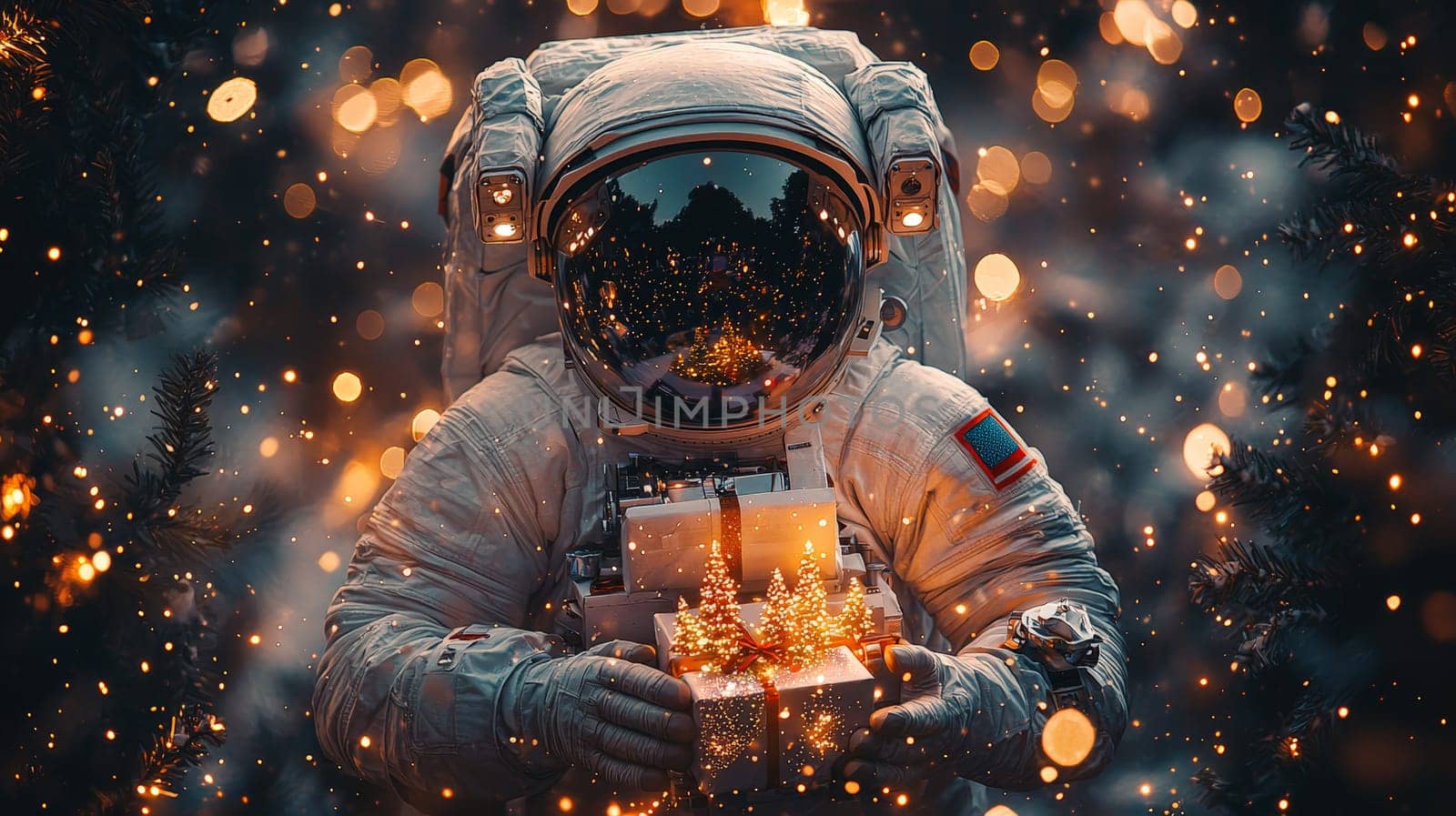 A photorealistic scene of an astronaut holding a Christmas present, surrounded by festively decorated trees against a backdrop of space with Earth in view. Bathed in a cool cyan color palette, this image captures holiday spirit in a cosmic setting, featuring dynamic DSLR lighting and leaving central space open for text.
