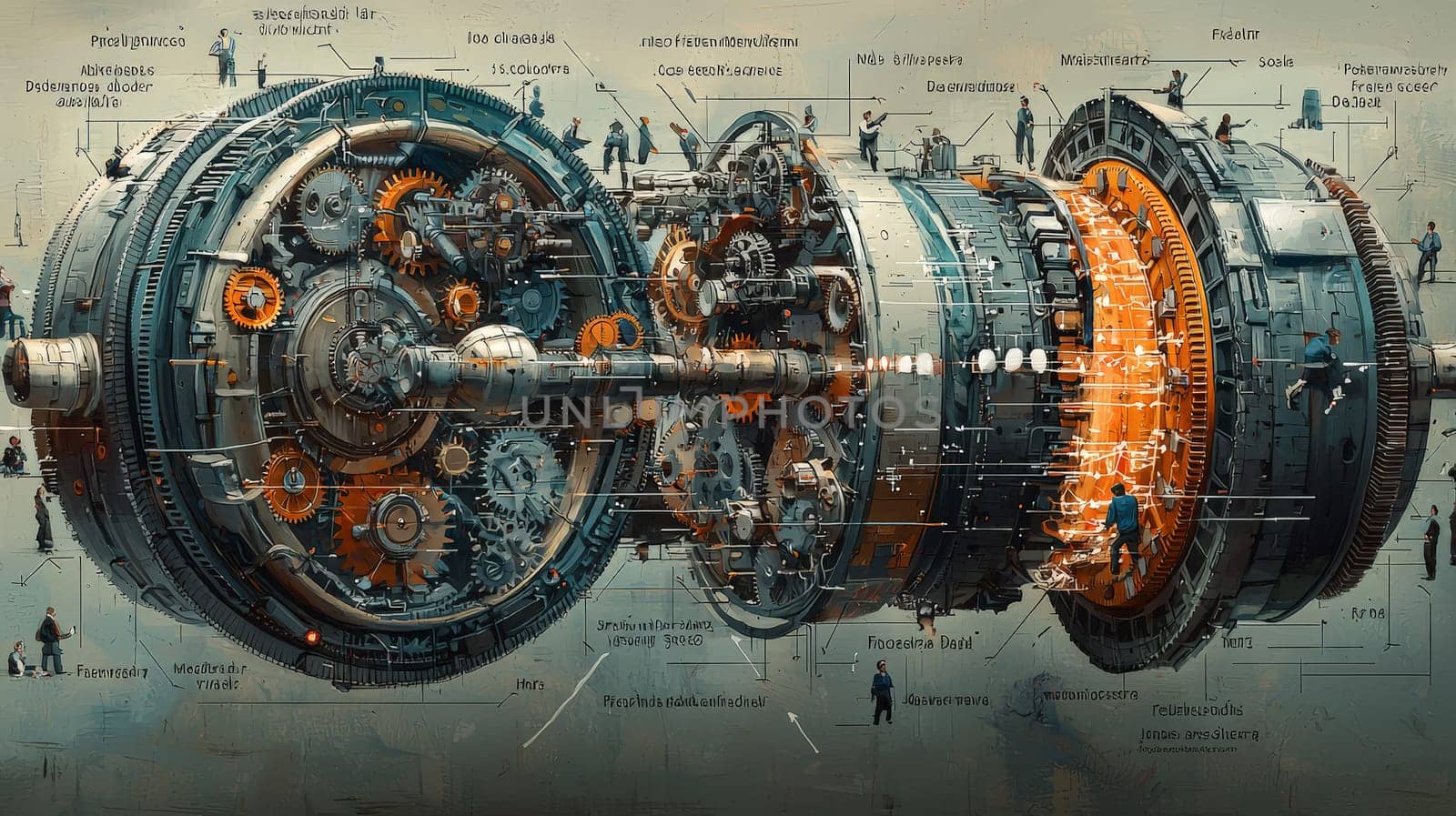 A highly detailed scientific illustration depicting the concept of "Commercial Chaos,"" showcasing a misaligned organizational mechanism. The cross-sectional view reveals separate departments—Product, Marketing, Finance, HR, and Sales—represented by gears and cogs in friction, stress fractures, and inefficiencies, all feeding outdated data into an ignored dashboard. Peripheral scenes depict employees attempting makeshift repairs, symbolizing fragmented data, duplicate efforts, and siloed communication. An outer ring shows a solution pathway with realigned gears, unified pipelines, and shared objectives, contrasting chaotic fragmentation with potential organizational harmony."