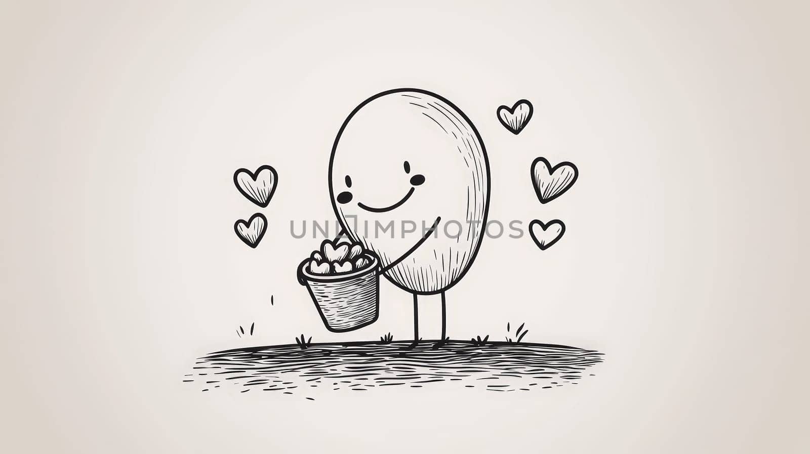 A minimalistic black and white illustration shows a simple character with a large oval head gently planting hearts in the ground from a bucket filled with hearts. The soft, tender style and line-drawing technique create a warm, endearing image perfect for laser engraving on a neutral background.