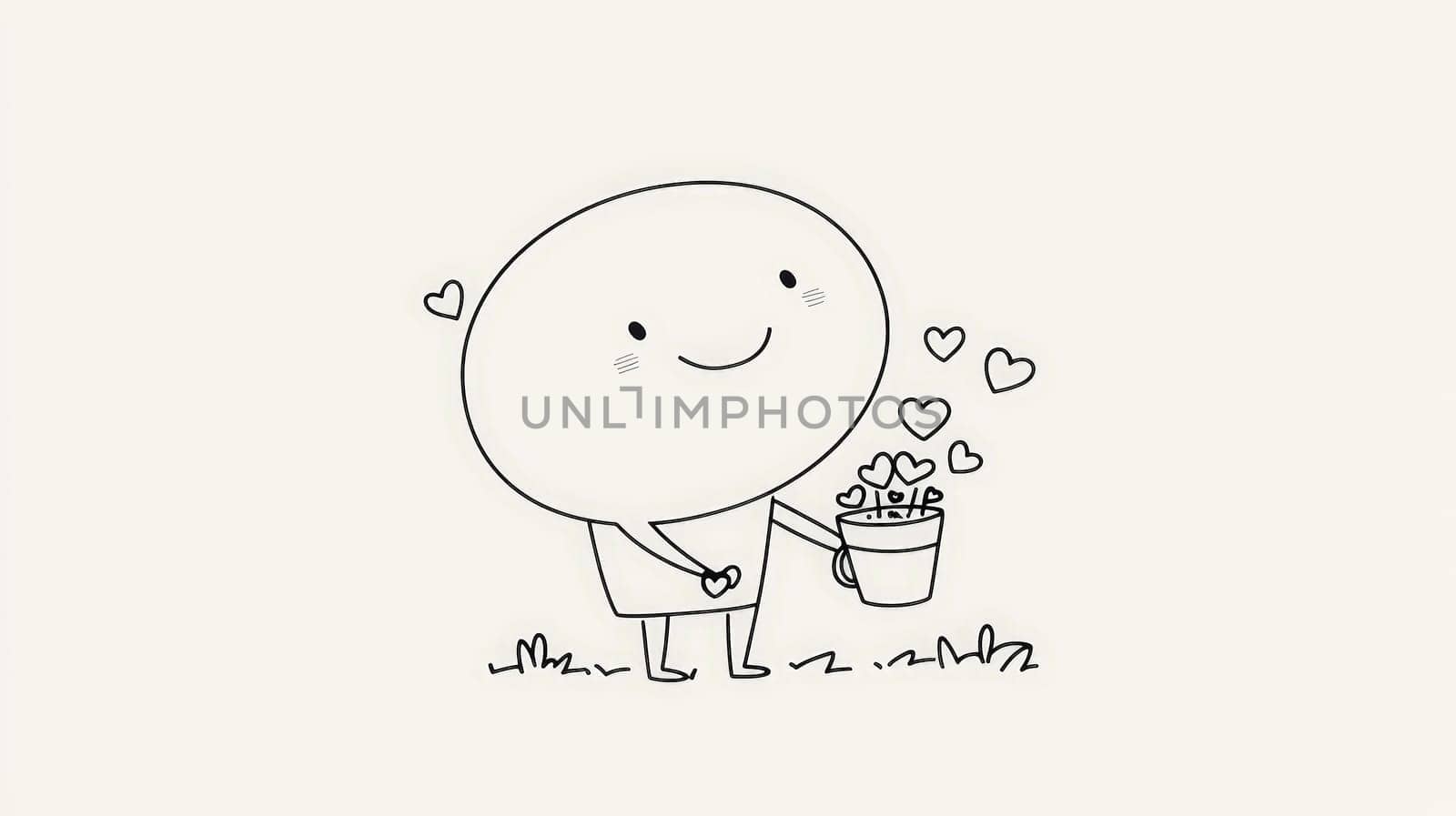 A minimalistic black and white illustration shows a simple character with a large oval head gently planting hearts in the ground from a bucket filled with hearts. The soft, tender style and line-drawing technique create a warm, endearing image perfect for laser engraving on a neutral background.