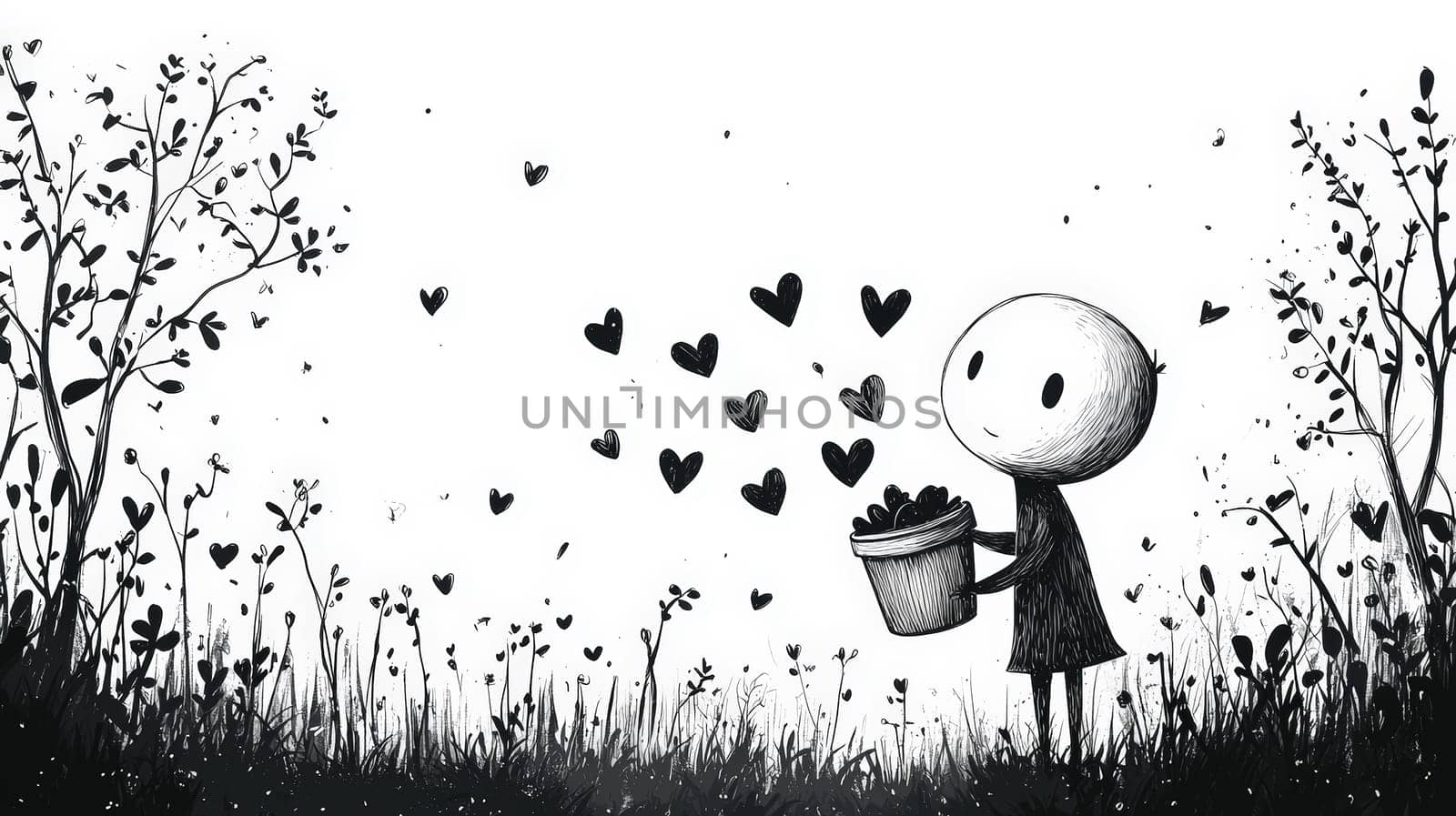 A minimalistic black and white illustration shows a simple character with a large oval head gently planting hearts in the ground from a bucket filled with hearts. The soft, tender style and line-drawing technique create a warm, endearing image perfect for laser engraving on a neutral background.