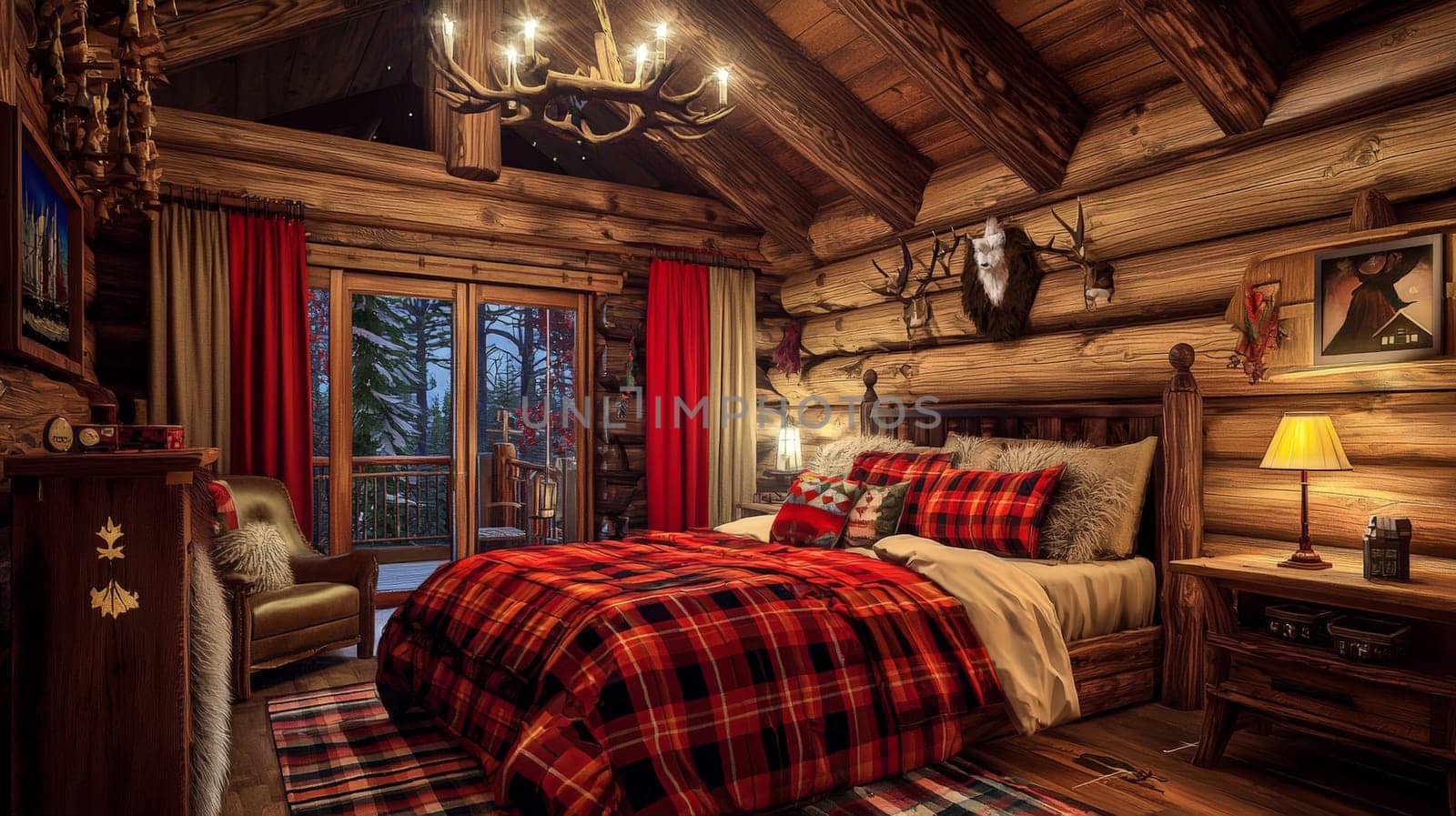 A wide-angle, high-contrast photo capturing the inviting interior of a Canadian log cabin. The scene is bathed in warm colors, emphasizing the cozy ambiance, rustic textures, and natural wood grains, perfect for an escape to nature's tranquility.