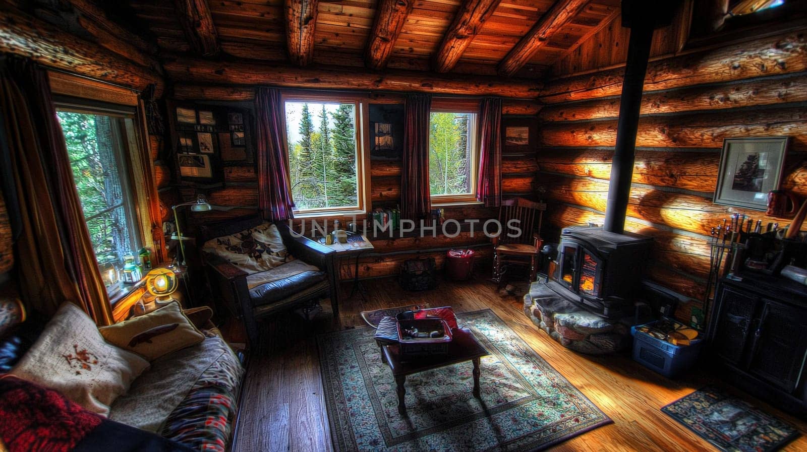 A wide-angle, high-contrast photo capturing the inviting interior of a Canadian log cabin. The scene is bathed in warm colors, emphasizing the cozy ambiance, rustic textures, and natural wood grains, perfect for an escape to nature's tranquility.