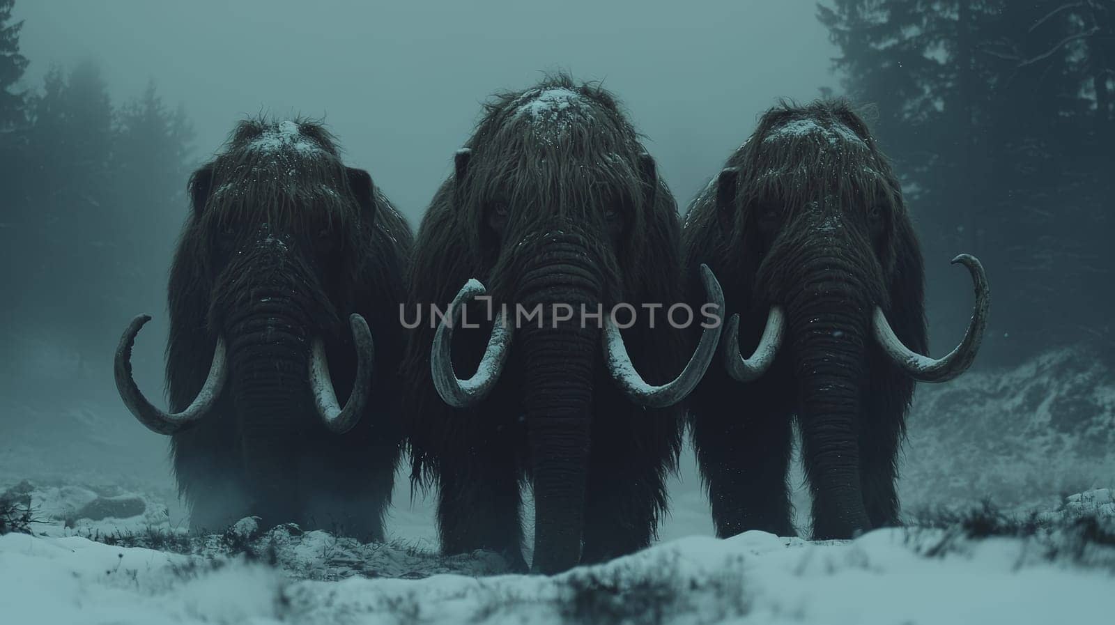 Three hyper-realistic woolly mammoths stand tall in a snow-covered prehistoric landscape, their thick, shaggy fur rippling in the wind, and frosted, curved tusks showcasing their ancient strength. Captured in cinematic 4K detail, the natural lighting and cold misty air evoke the powerful and serene ambiance of the Ice Age