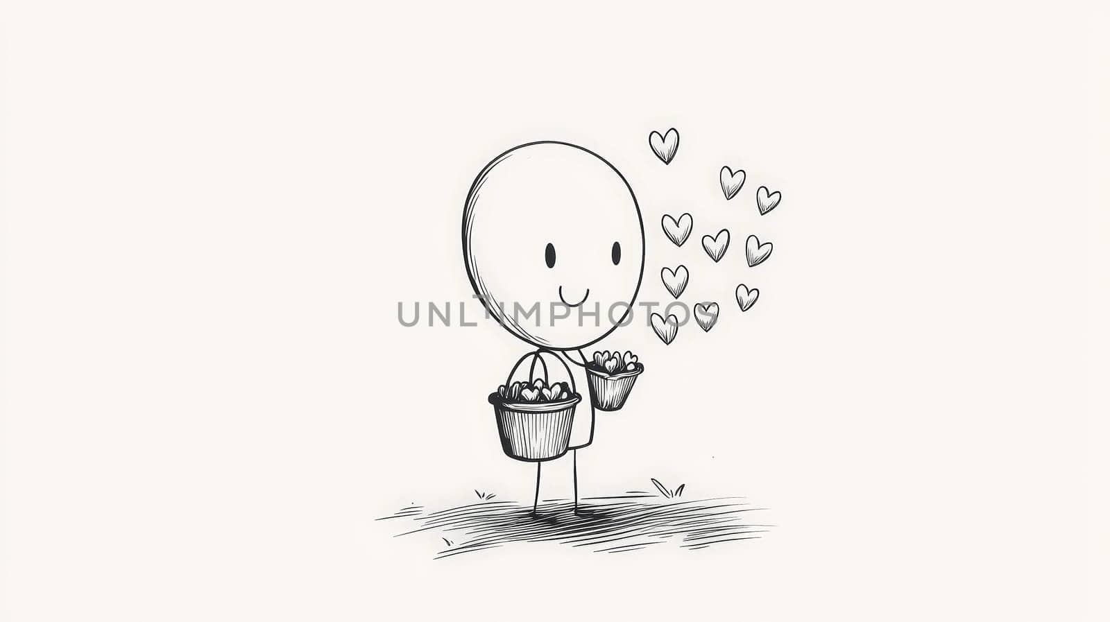 A minimalistic black and white illustration shows a simple character with a large oval head gently planting hearts in the ground from a bucket filled with hearts. The soft, tender style and line-drawing technique create a warm, endearing image perfect for laser engraving on a neutral background.