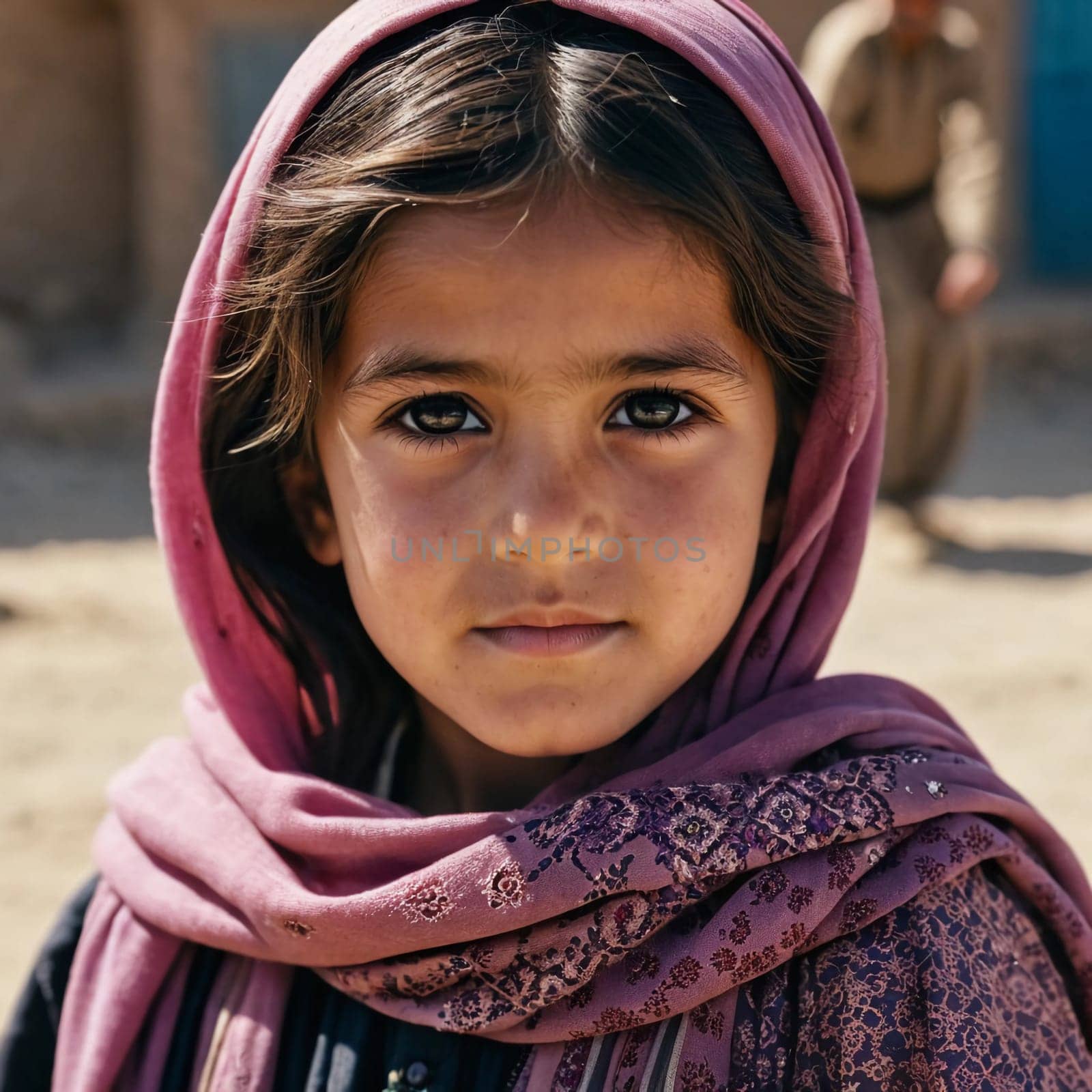A young girl from Afghanistan stands confidently, showcasing her traditional attire, her expressive eyes reflecting her surroundings and culture. Generative AI.