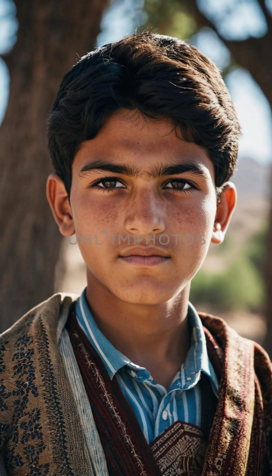 A young Afghan boy, around ten years old, stands confidently in a village setting. His thoughtful gaze reflects a deep sense of resilience and curiosity about his world. Generative AI.