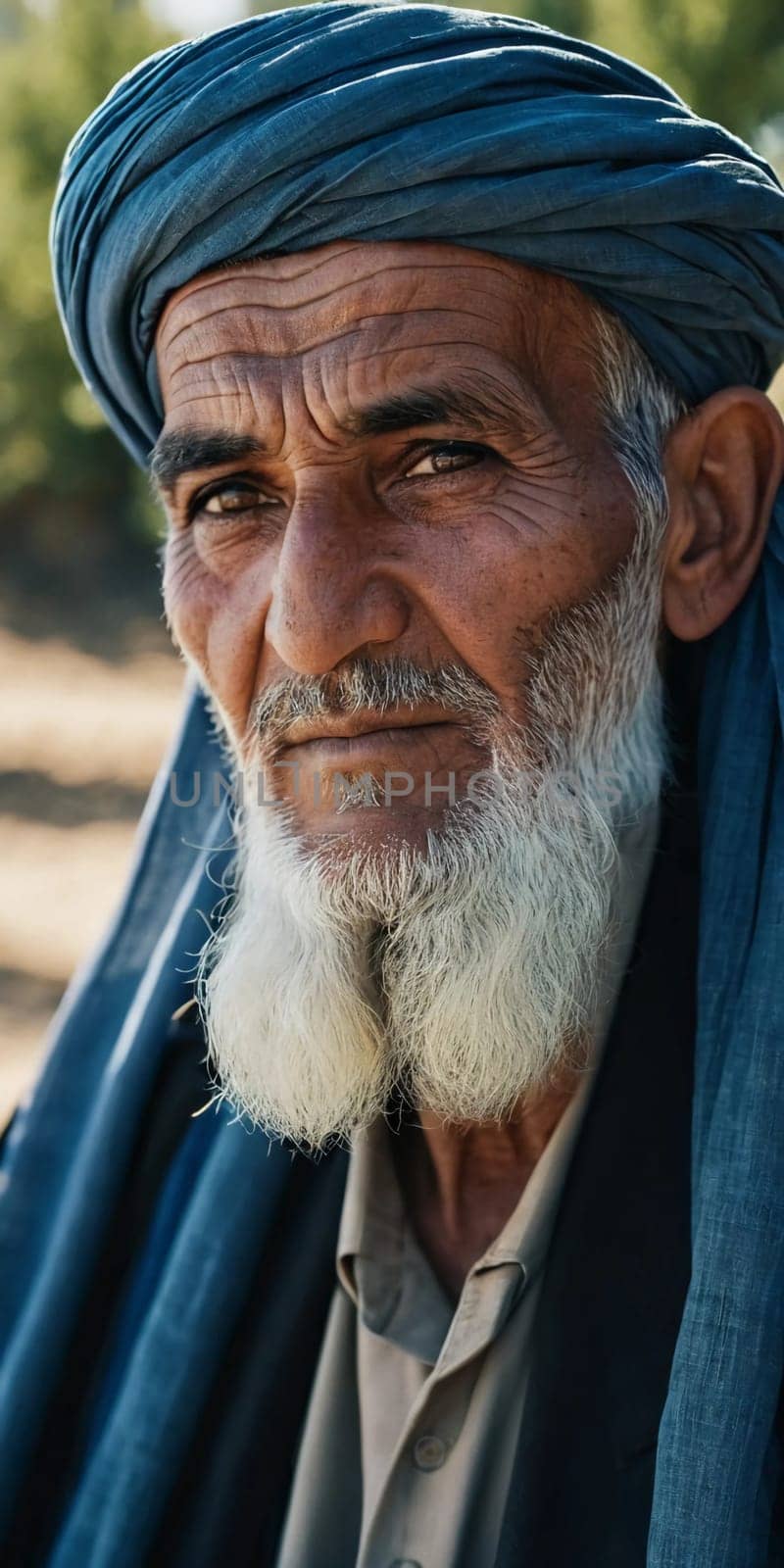 An elderly man from Afghanistan showcases his weathered face, reflecting years of wisdom and resilience against a modest backdrop of nature, embodying the rich culture of his homeland. Generative AI.